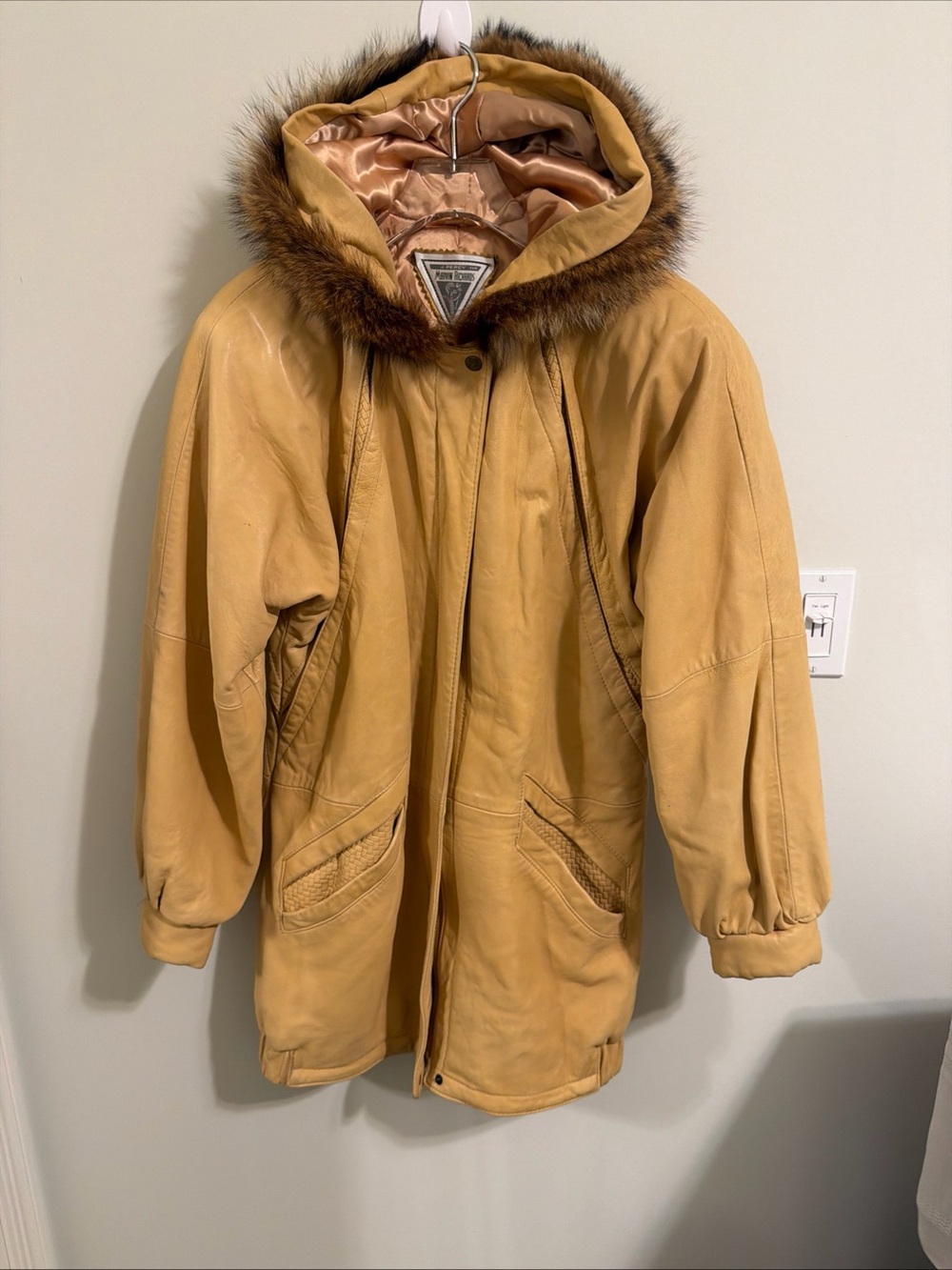 Marvin Richards Women's Tan Leather Hooded Coat with Fur Trim